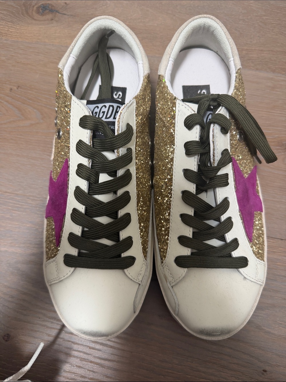 Golden Goose White Sneakers with Gold Glitter & Pink Star